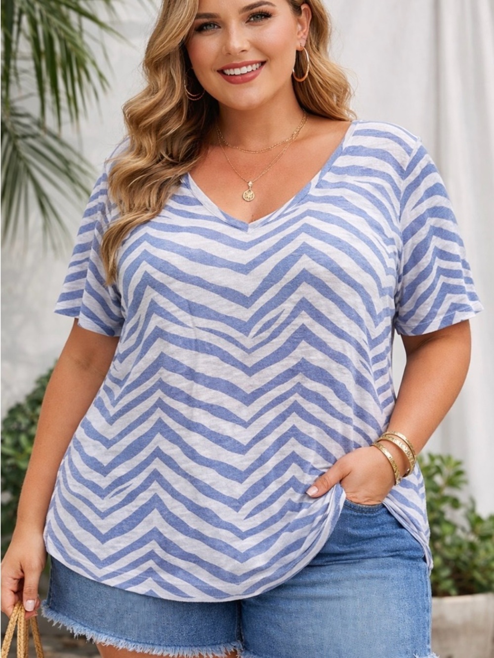 Tahari Light Blue and White Chevron V-Neck Tee
